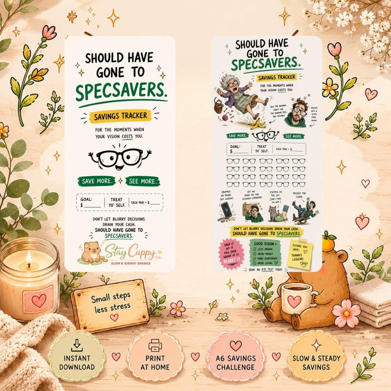 May include: Two vertical paper savings trackers with the text SHOULD HAVE GONE TO SPECSAVERS, featuring illustrations of a person slipping on a banana, a cat, and a bear holding a mug. The trackers include a savings goal section and icons.