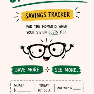 May include: A cream-colored savings tracker sheet featuring the text SHOULD HAVE GONE TO SPECSAVERS, a cartoon pair of glasses, and a small capybara illustration. The document includes sections for a financial goal, treat yo' self, and cost per pair.