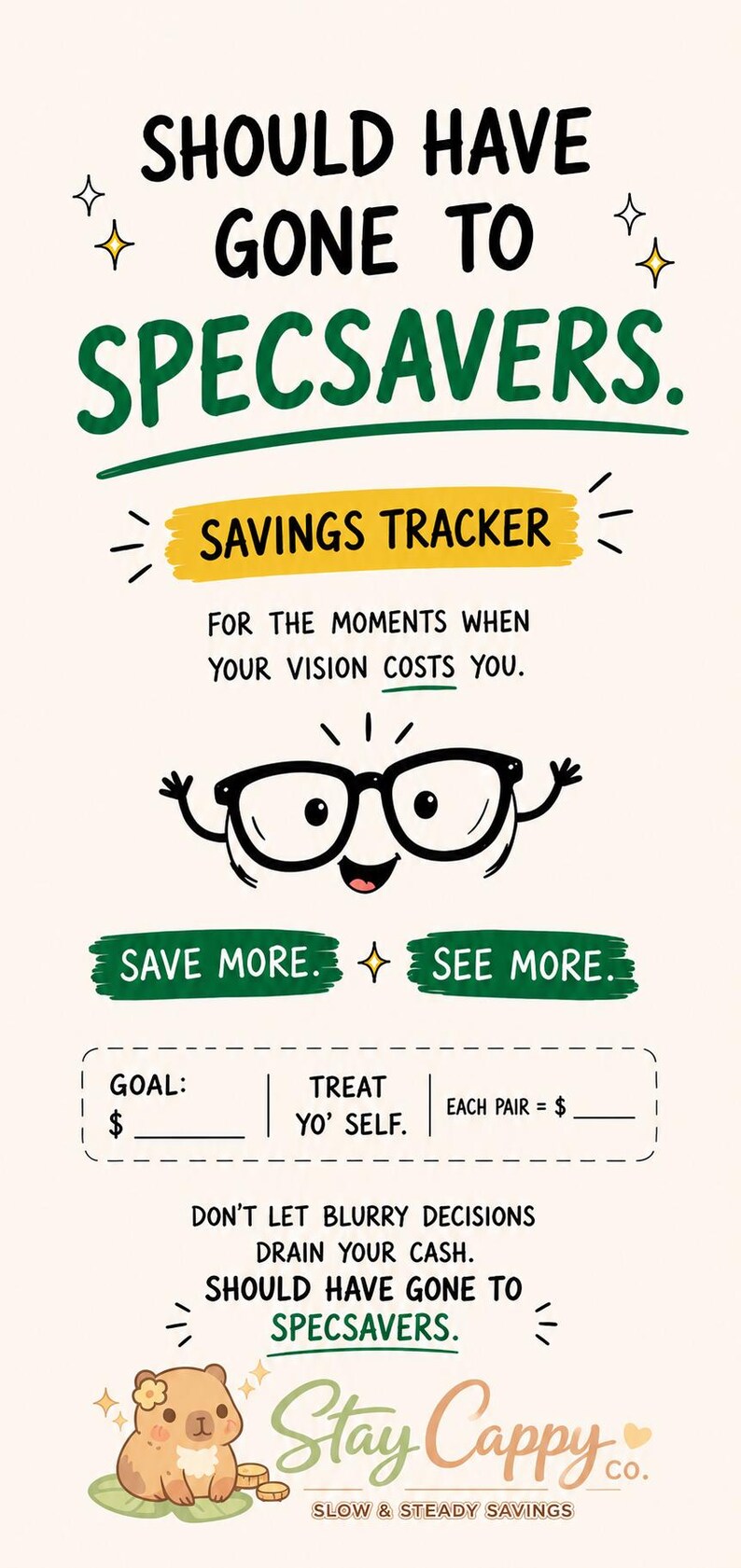 May include: A cream-colored savings tracker sheet featuring the text SHOULD HAVE GONE TO SPECSAVERS, a cartoon pair of glasses, and a small capybara illustration. The document includes sections for a financial goal, treat yo' self, and cost per pair.
