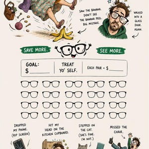 May include: A savings tracker poster titled SHOULD HAVE GONE TO SPECSAVERS featuring cartoon illustrations of people having accidents due to poor vision. It includes a grid of glasses icons to track savings, text about vision costs, and a checklist of benefits.