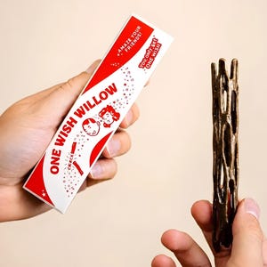 May include: A rectangular white box with red accents labeled ONE WISH WILLOW, featuring illustrations of two faces and a cracking stick, alongside a dark brown, cylindrical, porous, and hollow object with an irregular, branch-like texture.