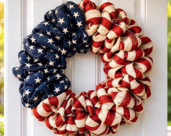 Patriotic American Flag Wreath, 4th of July Front Door Decor, Red White Blue Burlap Wreath, USA 250th Anniversary, Stars & Stripes Farmhouse