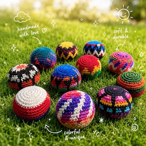 May include: A selection of vibrantly coloured, handmade crochet balls, each with a unique pattern. The balls, in shades of red, blue, and yellow, are displayed on green grass. Text includes "handmade with love", "soft & durable", and "colorful & unique".