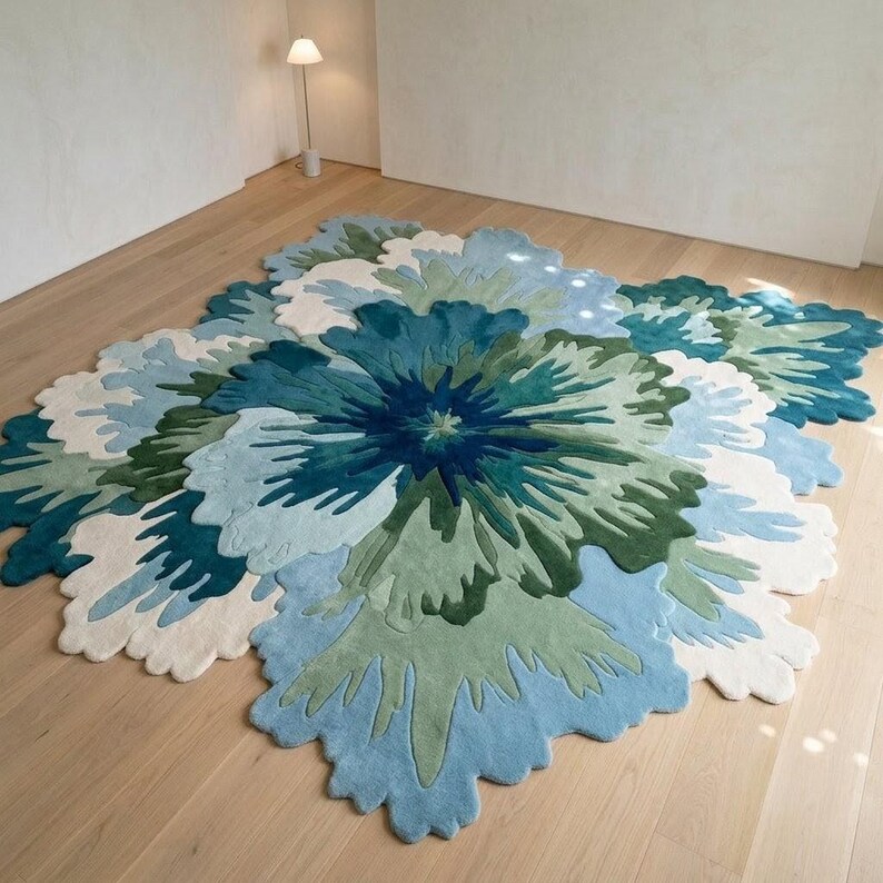 Rich Flower Rugs Hand Tufted Floral Wool Rug | Blue Green Irregular Area Rug | Modern ...