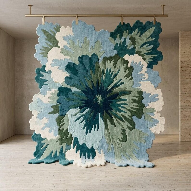 Rich Flower Rugs Hand Tufted Floral Wool Rug | Blue Green Irregular Area Rug | Modern ...