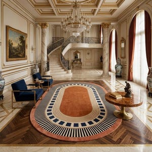 May include: An oval area rug featuring a central terracotta orange field surrounded by concentric bands of beige, navy blue, and black stripes, placed in a grand foyer with a curved staircase, a crystal chandelier, and blue armchairs.