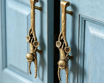 Solid Pure Copper Lucky Monkey Cabinet Knobs | Handmade Monkey Reaching Moon Door Handle Pulls | Feng Shui Prosperity Drawer Pull Hardware
