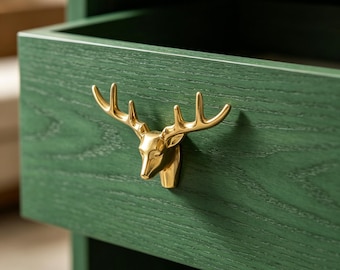 Solid Pure Copper Deer Head Cabinet Knobs | Handmade Deer Door Handle Pulls | Nature Inspired Drawer Pull Hardware