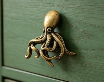 Handmade Solid Brass Octopus Cabinet Knob, Ocean Octopus Door Handle, Nautical Drawer Pull, Brass Squid Cabinet Hardware