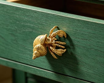 Solid Brass Hermit Crab Cabinet Knob | Handcrafted Crab Drawer Pull Handle | Nautical Ocean Animal Brass Furniture Hardware