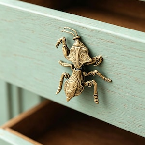 Tirador de latón macizo con forma de mantis religiosa / Tirador de armario con diseño de insecto / Pomo de puerta de bronce único hecho a mano / Herrajes artísticos para muebles
