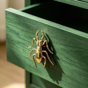 Può includere: Un cassetto in legno verde scuro caratterizzato da una vistosa maniglia dorata a forma di scarabeo. Il cassetto presenta una venatura del legno visibile ed è parzialmente aperto, mettendo in risalto la finitura verde profondo e la ferramenta.