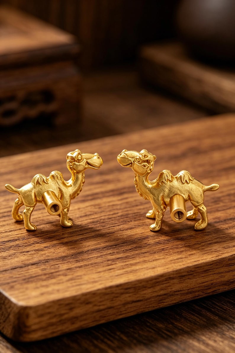 K&ouml;nnte beinhalten: Zwei goldfarbene Kamelfiguren aus Metall, jede mit einer strukturierten Oberfl&auml;che und einem zylindrischen Stift, der aus der Seite des K&ouml;rpers herausragt. Die Kamele sind stehend dargestellt, mit detaillierten Gesichtsz&uuml;gen und H&ouml;ckern auf dem R&uuml;cken.