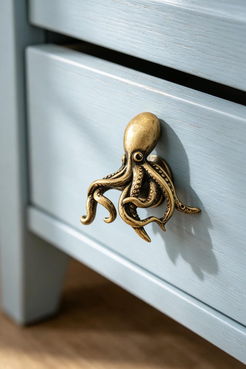 May include: A brass-toned metal drawer pull shaped like an octopus with detailed tentacles and a textured surface. The octopus is mounted onto a light blue wooden drawer front, featuring a smooth finish and visible wood grain texture throughout.