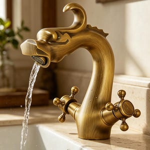 May include: A brass-toned metal faucet shaped like a dragon head with a curved neck and two cross-style handles. Water flows steadily from the dragon's mouth into a white basin. The fixture features a brushed finish with visible metallic texture.