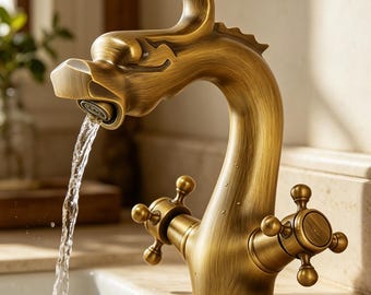 Handmade Pure Copper Dragon Bathroom Faucet | Vintage European Style Hot & Cold Basin Mixer Tap | Antique Brass Dragon Sink Tap