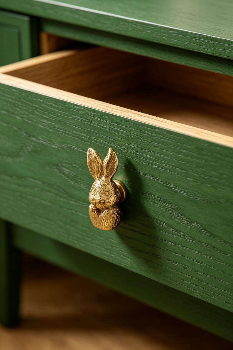 May include: A dark green wooden drawer featuring a gold-toned metal rabbit-shaped knob. The drawer is partially open, revealing the natural light-colored wood interior. The exterior surface of the drawer displays a visible wood grain texture.