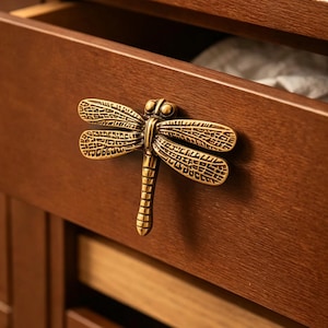 May include: A bronze-colored dragonfly drawer pull is mounted on a wooden drawer. The dragonfly has detailed wings and body. The drawer is open, revealing the inside of the drawer and the cabinet.
