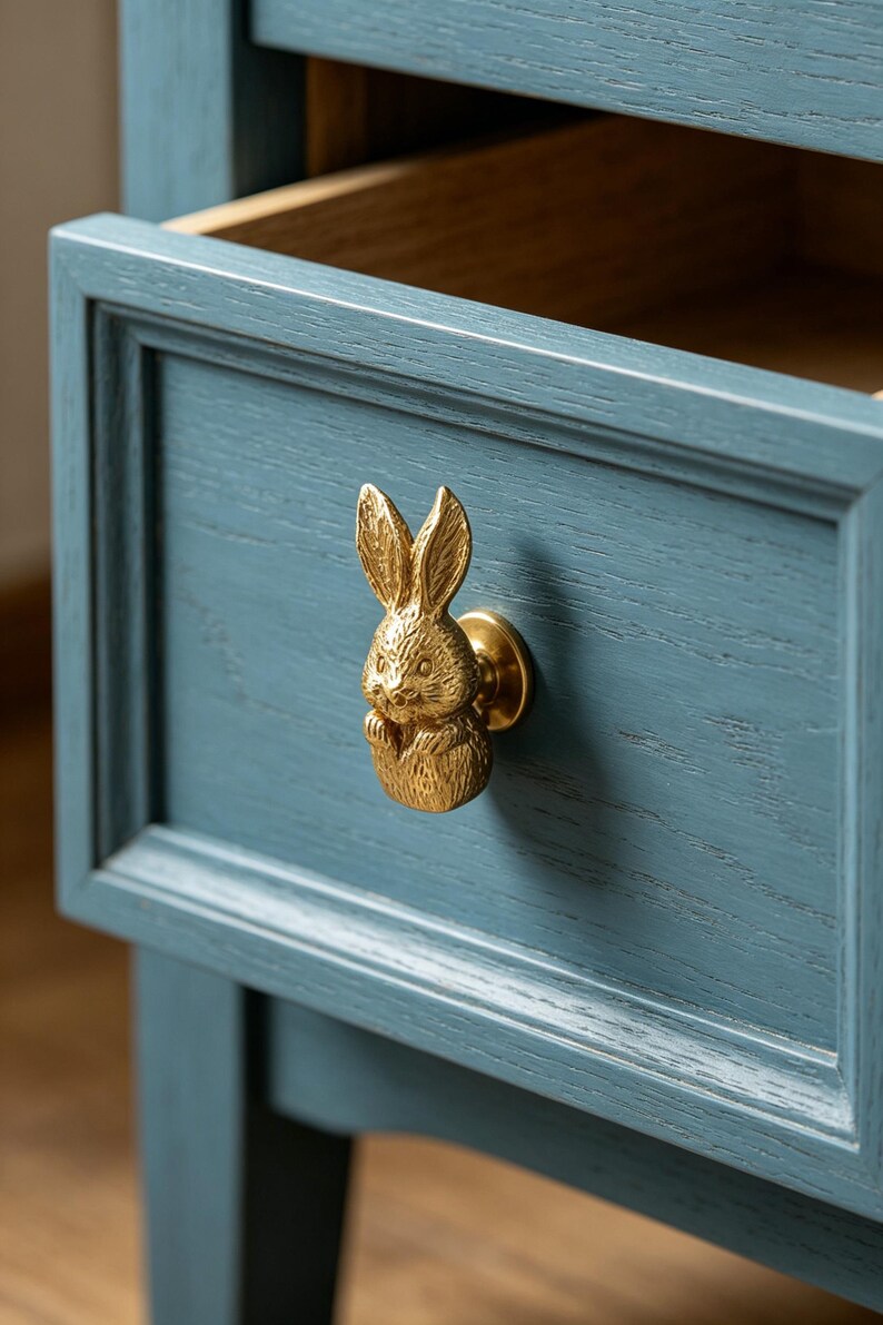 May include: A gold-toned metal cabinet knob shaped like a rabbit with textured fur details. The knob is attached to a blue-painted wooden drawer front with a visible wood grain texture and a recessed panel design on the drawer face.