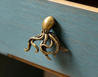 Handmade Solid Brass Octopus Cabinet Knob, Ocean Octopus Door Handle, Nautical Drawer Pull, Brass Squid Cabinet Hardware
