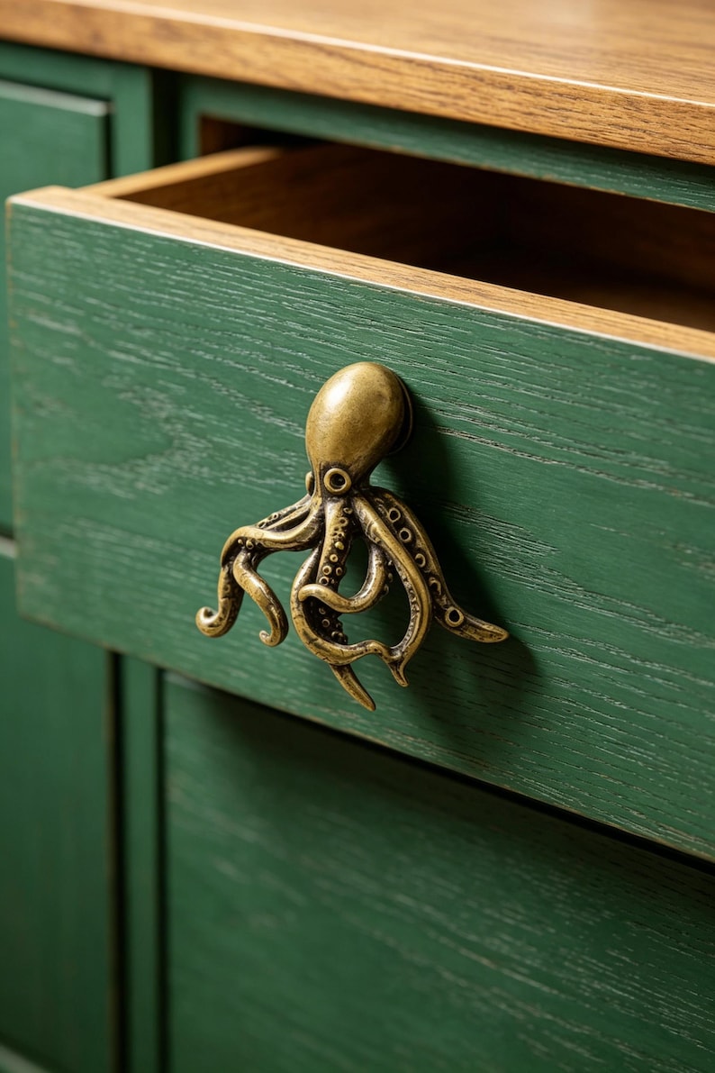May include: A brass-toned metal octopus-shaped drawer pull attached to a green wooden drawer front. The octopus features detailed tentacles and a smooth head, providing a functional handle for opening the drawer on the green cabinet unit.