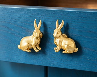 Solid Pure Copper Rabbit Cabinet Knobs Set of 2 | Handmade Bunny Door Handle Pulls | Cute Animal Drawer Pull Hardware