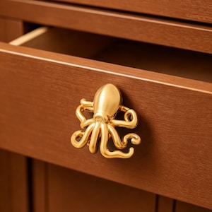 Peut inclure: Un bouton de meuble doré en forme de poulpe est monté sur un tiroir en bois marron. Le tiroir est partiellement ouvert, révélant l'intérieur. La poignée de poulpe a des tentacules détaillés et une tête arrondie.