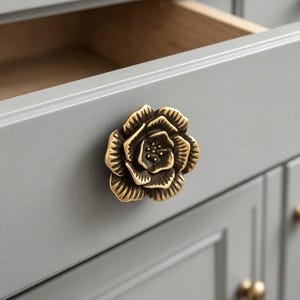 Könnte beinhalten: Nahaufnahme eines grauen Schranks mit einem rosenförmigen Schubladengriff aus Messing. Die Schublade ist teilweise geöffnet und gibt einen Blick auf das Holzinnere frei. Zusätzliche Messingknöpfe sind an den Schranktüren zu sehen.