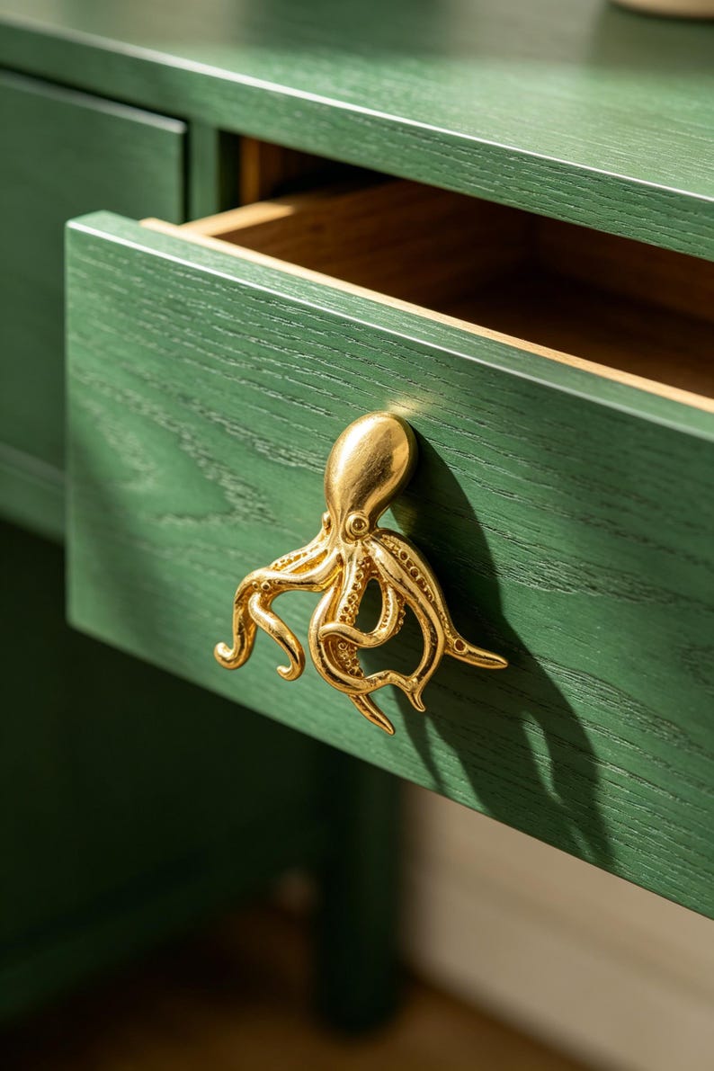 May include: A gold-toned metal octopus-shaped drawer pull attached to a dark green wooden drawer. The octopus features detailed tentacles and a smooth head, serving as a functional handle for the partially open drawer with visible wood grain.