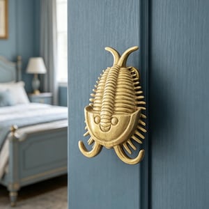 May include: A gold-colored, trilobite-shaped door knocker mounted on a blue door. The knocker has a detailed, textured design with a smiling face and curved handles. The door is painted a muted blue.