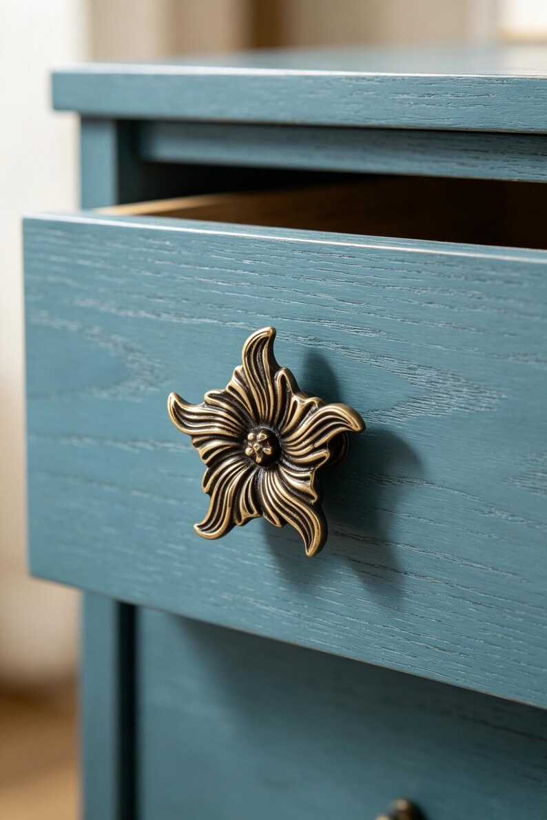 Puede incluir: Un caj&oacute;n de madera azul cerceta con un pomo de metal prominente en forma de estrella de cinco puntas con acabado en lat&oacute;n antiguo. El pomo presenta un dise&ntilde;o detallado de p&eacute;talos florales en relieve que irradian desde un punto central.