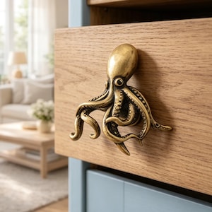 Puede incluir: Un tirador de mueble de metal en tono latón con forma de pulpo, que presenta tentáculos detallados y una cabeza lisa. El tirador está montado en un frente de cajón de madera clara, parte de un mueble con paneles pintados en azul claro.