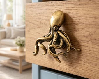 Handmade Solid Brass Octopus Cabinet Knob, Ocean Octopus Door Handle, Nautical Drawer Pull, Brass Squid Cabinet Hardware