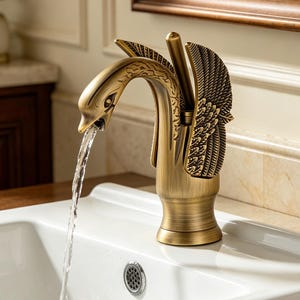 May include: A brass-toned metal bathroom faucet shaped like a swan with detailed wing textures and a curved neck. The faucet is mounted on a white ceramic sink basin, with water flowing steadily from the swan's beak into the drain below.