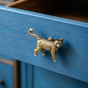Solid Brass Cat Door Handle | Handmade Cat Cabinet Pull | Cute Cat Drawer Knob | Animal Furniture Hardware | Cat Lover Home Decor