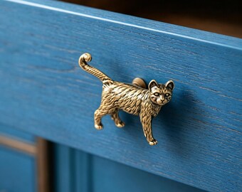 Solid Brass Cat Door Handle | Handmade Cat Cabinet Pull | Cute Cat Drawer Knob | Animal Furniture Hardware | Cat Lover Home Decor
