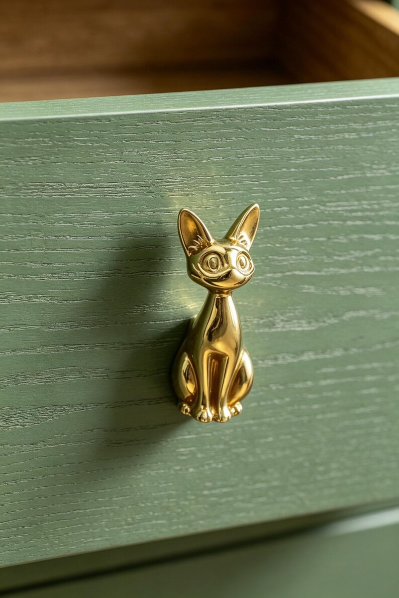 Op de afbeelding: Een gepolijste goudkleurige ladeknop in de vorm van een zittende kat met puntige oren en gedetailleerde gelaatstrekken. De katvormige handgreep is gemonteerd op een saliegroen houten ladefront met een zichtbare horizontale houtnerfstructuur.
