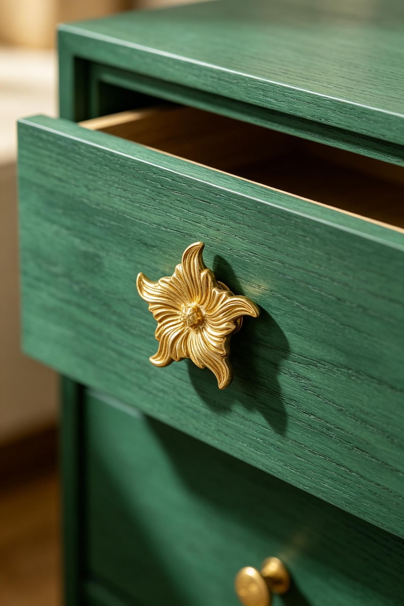 Puede incluir: Una c&oacute;moda de madera de color verde oscuro con un pomo de metal dorado en forma de flor de cinco p&eacute;talos. El caj&oacute;n est&aacute; ligeramente abierto, dejando ver un interior claro, y la veta de la madera es visible en toda la superficie verde.