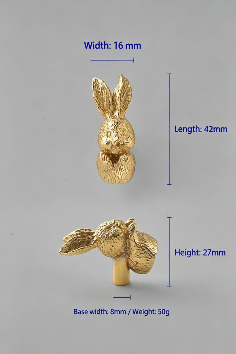Solid Pure Copper Rabbit Cabinet Knobs | Handmade Bunny Door Handle Pulls | Cute Animal Drawer Pull Hardware | Whimsica image 2