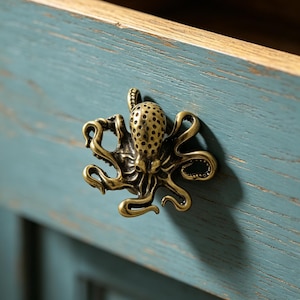 May include: A bronze octopus-shaped drawer pull fixed to a teal painted wooden drawer. The octopus has detailed tentacles and a textured head. The drawer is open, revealing a natural wood interior.