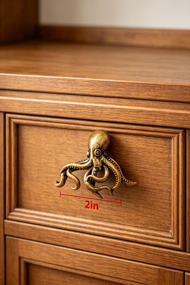 May include: A brass-toned metal cabinet knob shaped like an octopus with detailed tentacles and a rounded head. The knob is mounted on a wooden drawer front, and a red graphic line indicates a width measurement of 2 inches for the octopus.