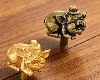 Solid Pure Copper Pig Cabinet Knobs | Handmade Creative Pig Door Handle Pulls | Cute Animal Drawer Pull Hardware