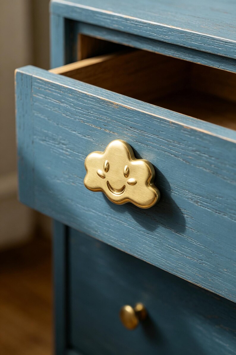 May include: A blue wooden drawer with a visible wood grain texture featuring a gold-toned metal cloud-shaped pull. The cloud pull has a stamped smiling face with eyes and a mouth. A second, smaller round gold knob is visible on the drawer below.