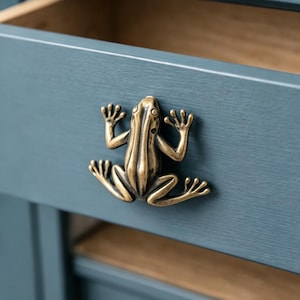 May include: A brass frog-shaped drawer pull is mounted on a blue painted drawer. The drawer is partially open, revealing a wooden interior. The frog pull has outstretched arms and legs.