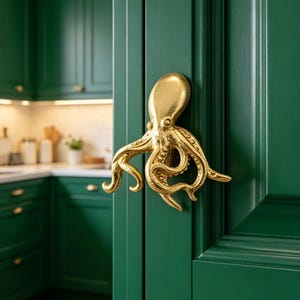May include: A gold-colored metal cabinet handle shaped like an octopus with detailed tentacles and a smooth head. The handle is mounted on a dark green cabinet door with a paneled design, featuring a metallic finish that reflects light.