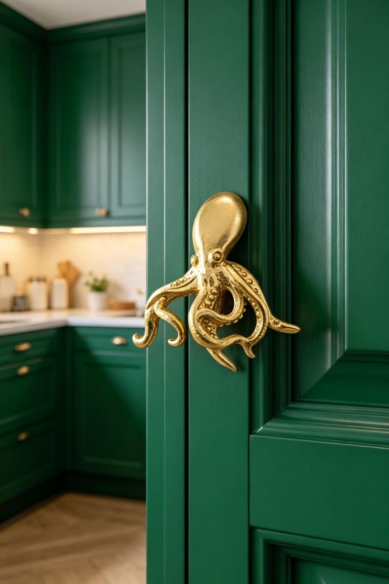 May include: A gold-colored metal cabinet handle shaped like an octopus with detailed tentacles and a smooth head. The handle is mounted on a dark green cabinet door with a paneled design, featuring a metallic finish that reflects light.