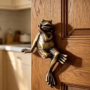 Puede incluir: Un tirador de puerta de metal en tono bronce con forma de rana sentada con la mano cerca de la barbilla. La figura de la rana está fijada a un panel de puerta de madera vertical, con un acabado texturizado y patas palmeadas detalladas.