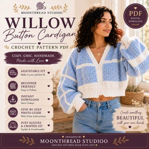 May include: A digital PDF crochet pattern for a Willow Button Cardigan by Moonthread Studio. The pattern features a light blue and white checkered design, puff sleeves, and a cropped fit. Includes step-by-step photo guides and instructions.