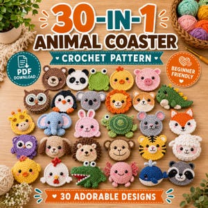 Animal Crochet Coaster Pattern Set, 30 in 1 Mug Hugger Bundle, Cup Holder Amigurumi, Pop Up Mug Rug, Funny Cup Cozy, Instant Download