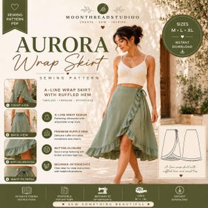 Wrap Skirt Sewing Pattern PDF | A-Line Ruffle Hem Skirt with Pockets | Button Closure Skirt | Instant Download